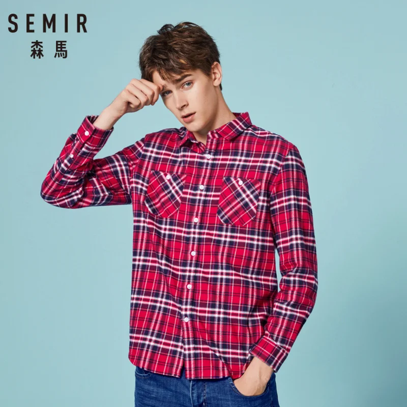SEMIR Для мужчин 100% хлопковые обычной посадки фланелевая клетчатая рубашка с