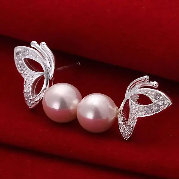 E017 Wholesale 925 sterling silver earrings fashion jewelry Pearl Butterfly Pink Earrings /cfeakwla cfaakwha | Украшения и