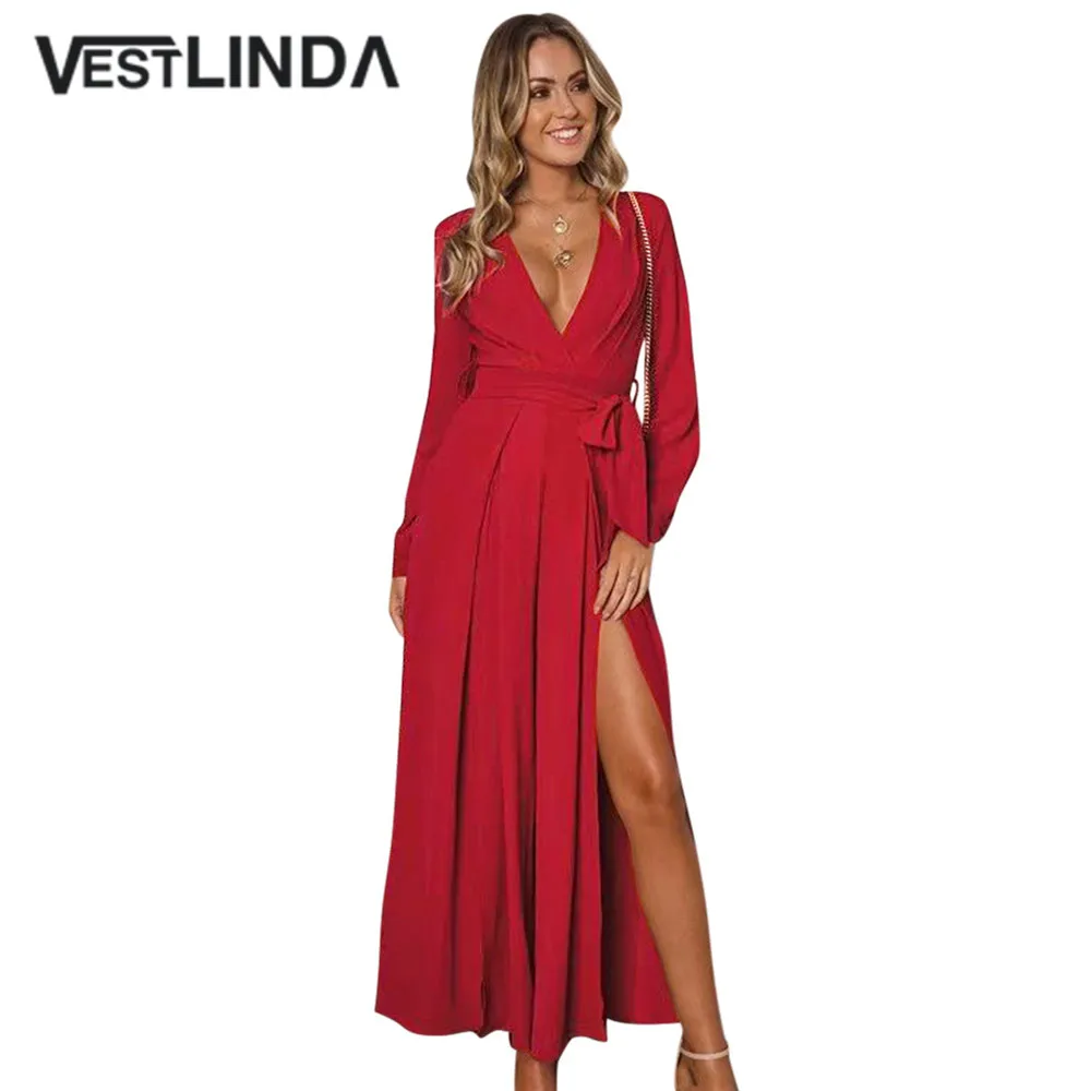 Женский комбинезон VESTLINDA однотонный с глубоким вырезом длинным рукавом поясом и