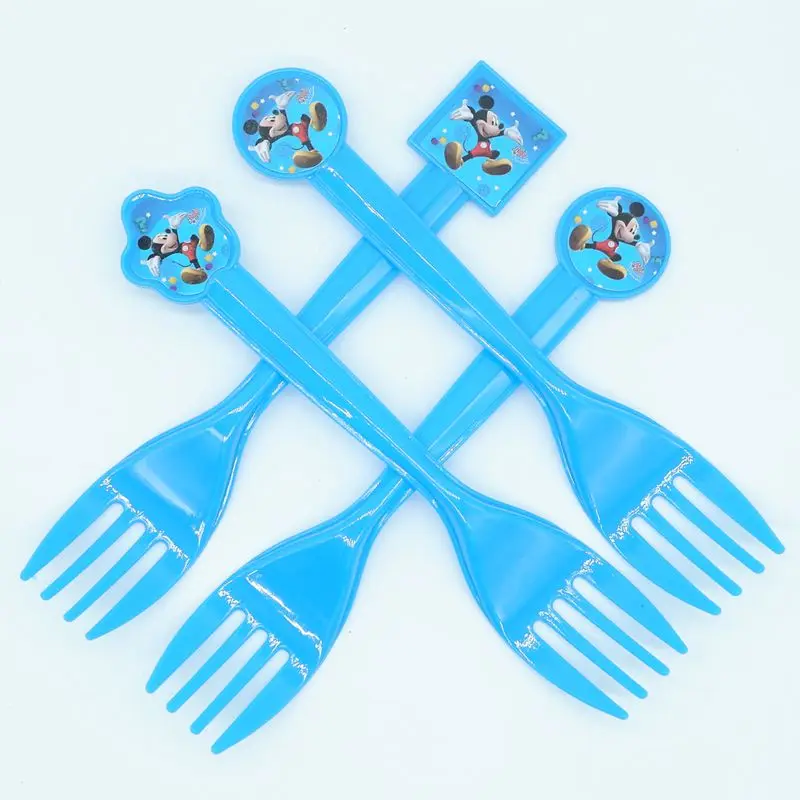 fork 10pcs Микки Минни дети день рождения набор украшения вечерние принадлежности бумажные кружки, тарелки, салфетки баннер/флаг шляпа соломы конфеты/попкорн коробка - Цвет: fork 10pcs