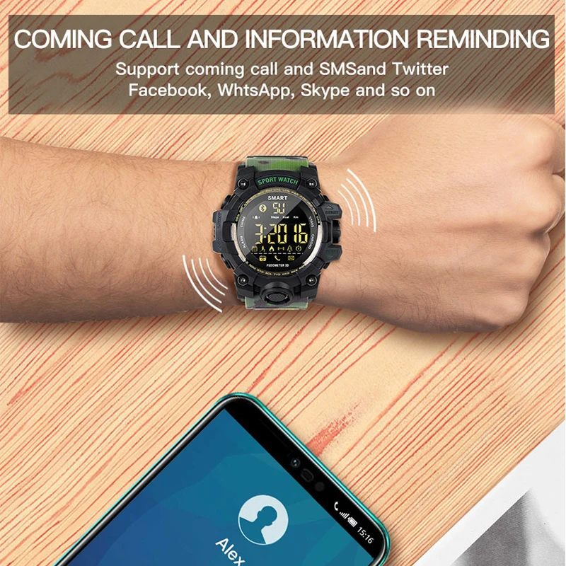 

IP67 Waterproof EX16S Smart Sport Watch Bluetooth Multifunction Remote Camera Pedometer Wristwatch No charge IP67 waterproof