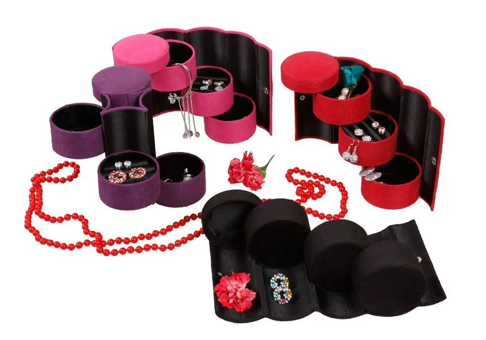 

3 Tier Mini Velvet Jewelry Box Case Organizer Compartment Travel Roll Up Gift Holder Red Pink Purple Black
