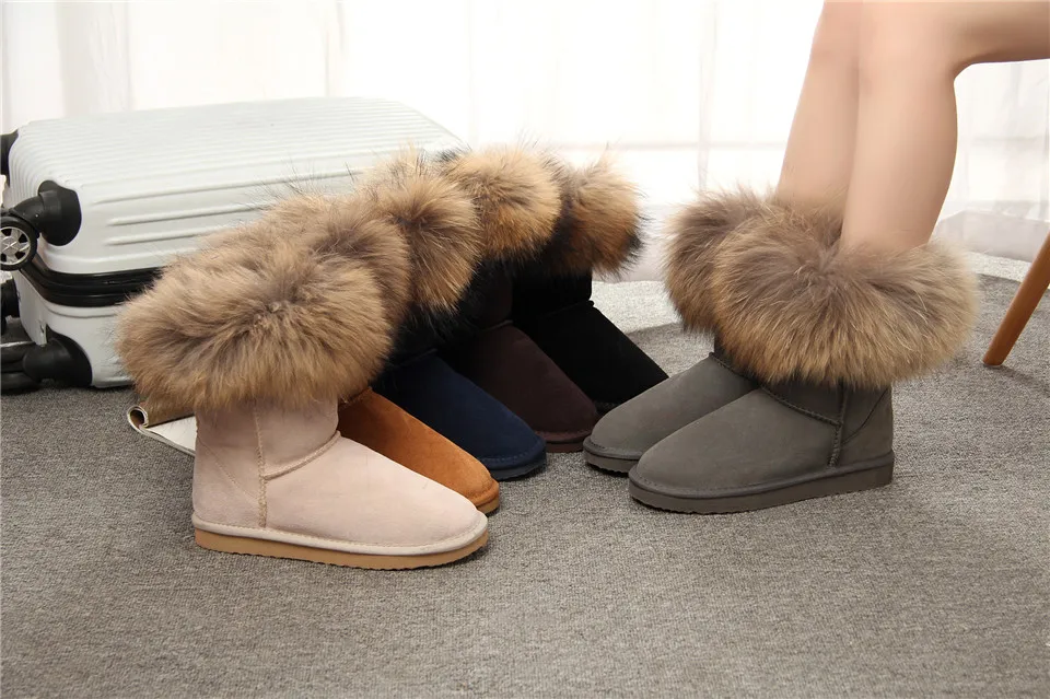 MBR FORCE Fashion Women's Natural Real fox Fur Snow Boots Genuine Cow Leather women Boots Female Warm Winter Boots Shoes