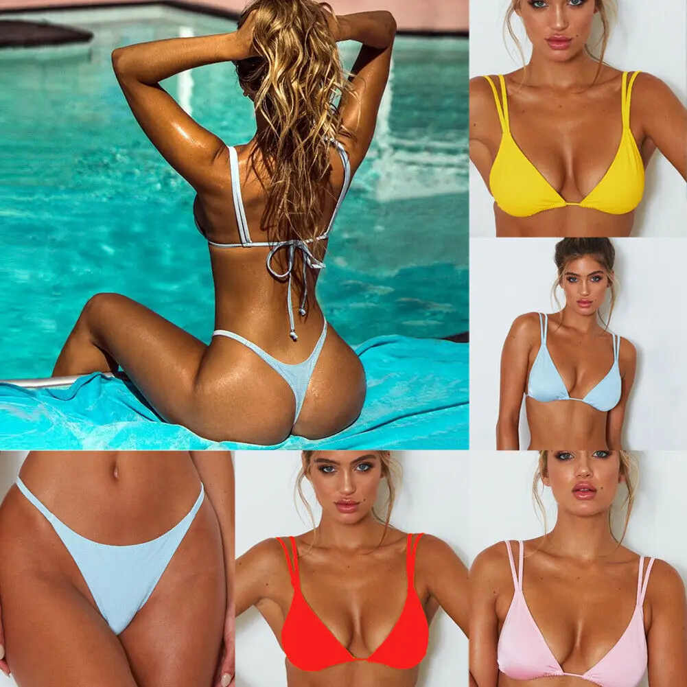 Высокая талия простой пуш ап 2 шт Повседневный Женский комплект бикини бандаж