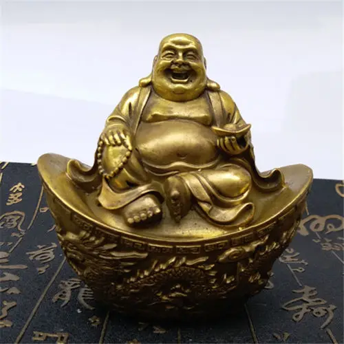 

Китайский латунный по феншуй счастливый смех Maitreya Yuanbao Ruyi летучая мышь Будда статуя дома металлические украшения ручной работы.