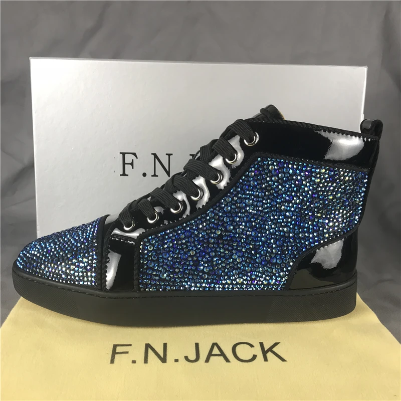 FNJACK Fashion Multi Strass Swarovski Suede Leather Sneaker Hi-top Flat Shoes Trainers red bottom | Обувь