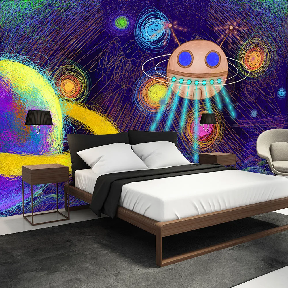 

Custom 3d wallpaper modern children's room cartoon line spaceship background - high-grade waterproof material