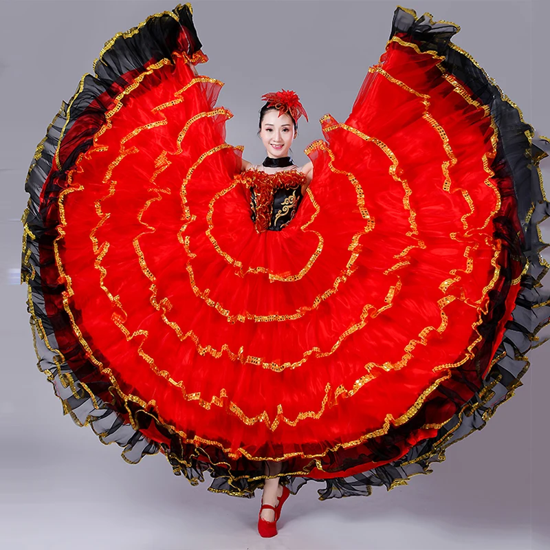 Женский костюм для танца фламенко откровенный живота с широкой юбкой модель