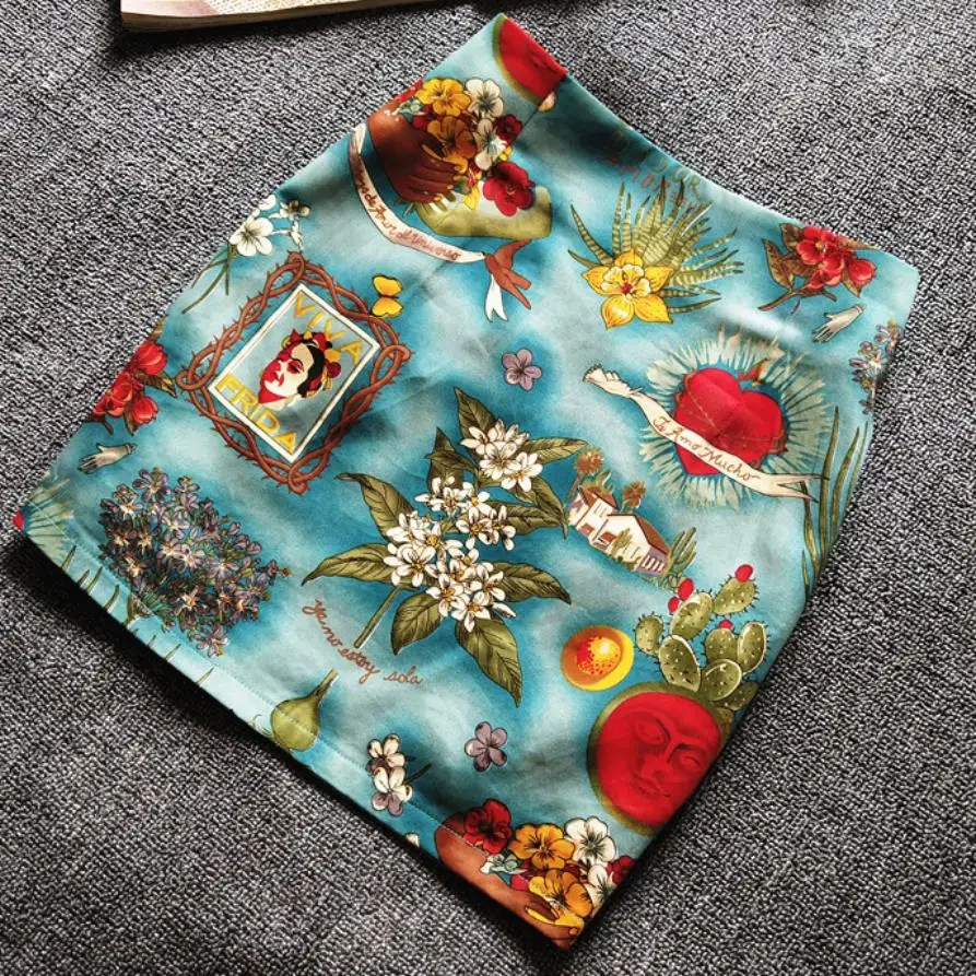 

Spring summer new fashion elastic package hip skirt women high waist vintage a-line mini printed skirt