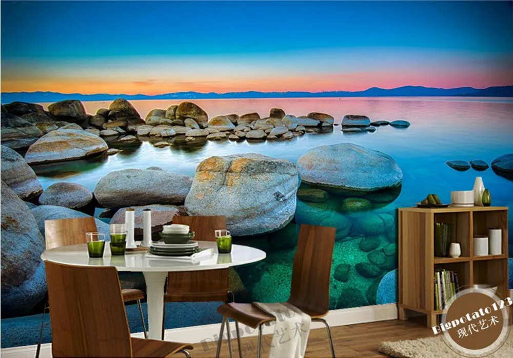 Custom 3d murals Beautiful fire clouds blue sky stone lake scenery papel DE parede living room sofa tv wall bedroom wallpaper |