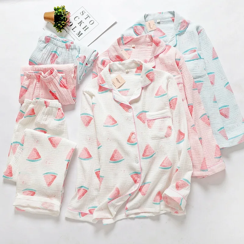 Весенне-летний комплект свободных пижам для дам Ins Fresh style Женская одежда для сна удобная газовая хлопковая Домашняя одежда с рисунком арбуза
