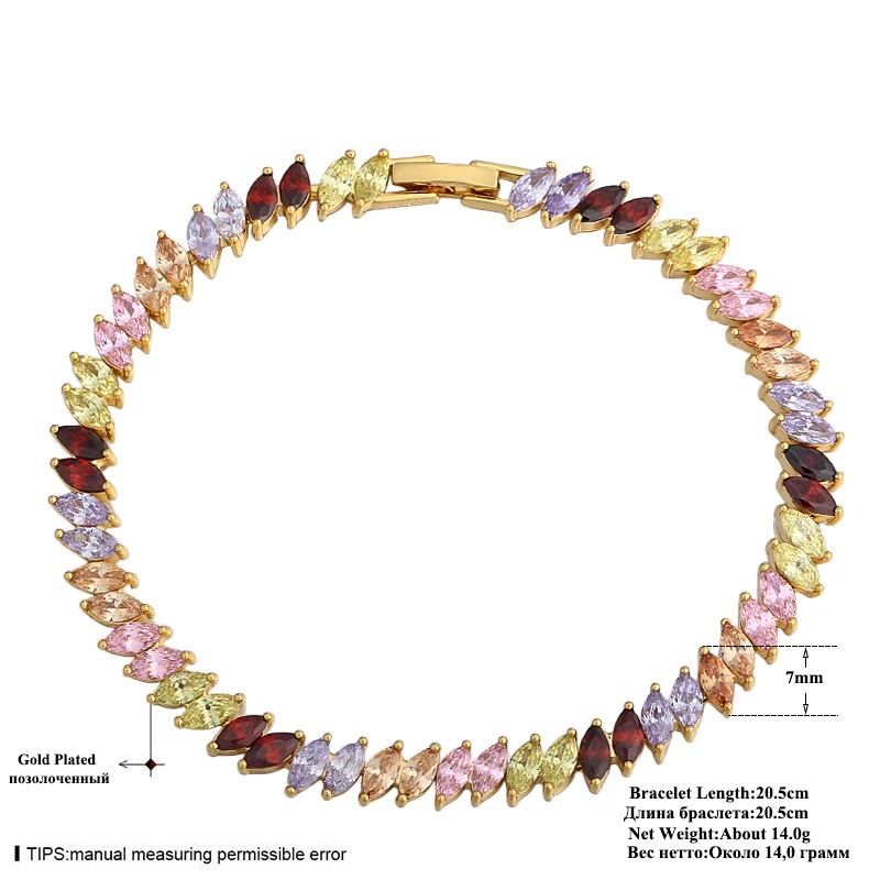 Женские браслеты многоцветные AAA + кубический цирконий позолоченный