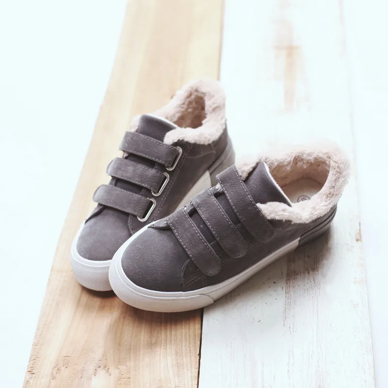 Grey SWONCO женские зимние кроссовки; модные теплые плюшевые туфли на плоской подошве на липучке; женские зимние кроссовки на платформе; нескользящая обувь для девушек - Цвет: Grey