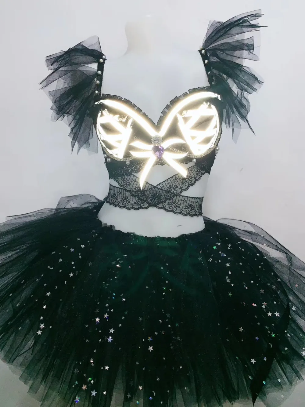 Флуоресцентный сценический костюм с черными кристаллами бикини сетчатая мини