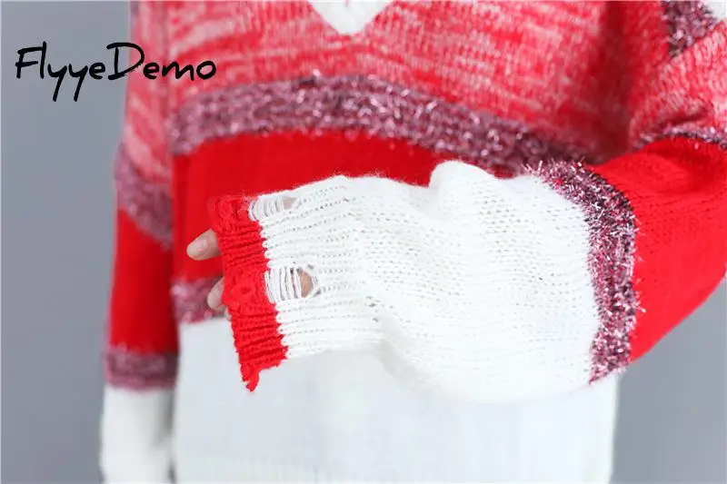 Women Fashion Hole Sweater Basic Striped V Neck Loose Long Sleeve Candy Colors Pullovers Female Sweet Tops Free Size | Женская одежда
