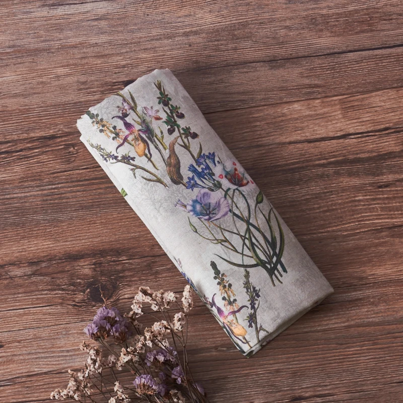 Хлопковая и льняная винтажная ткань с цветками серого цвета Весенняя для юбки