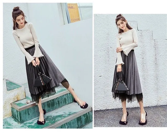 ELEXS 2 Layers Mesh Skirts Women's Black Gray Adult Tulle Skirt Elastic High Waist Pleated Midi Skirt Double-side
