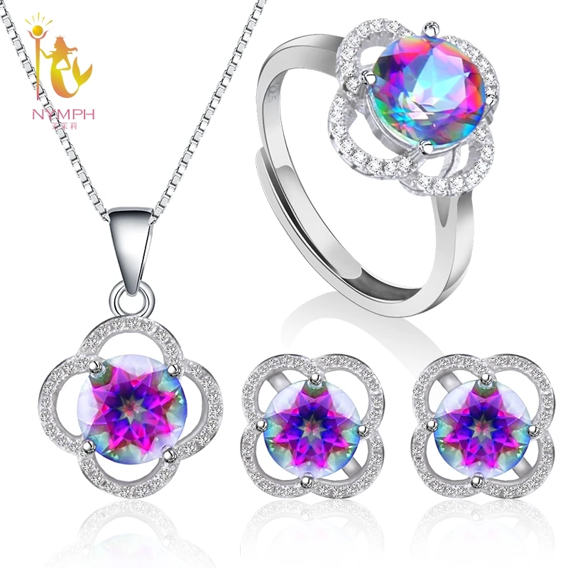 NYMPH Genuine Gem Stone Crystal Topaz Necklace Pendant Rings Earrings Set 925 Sterling Silver Jewelry Gift For Women Rose T238 | Украшения