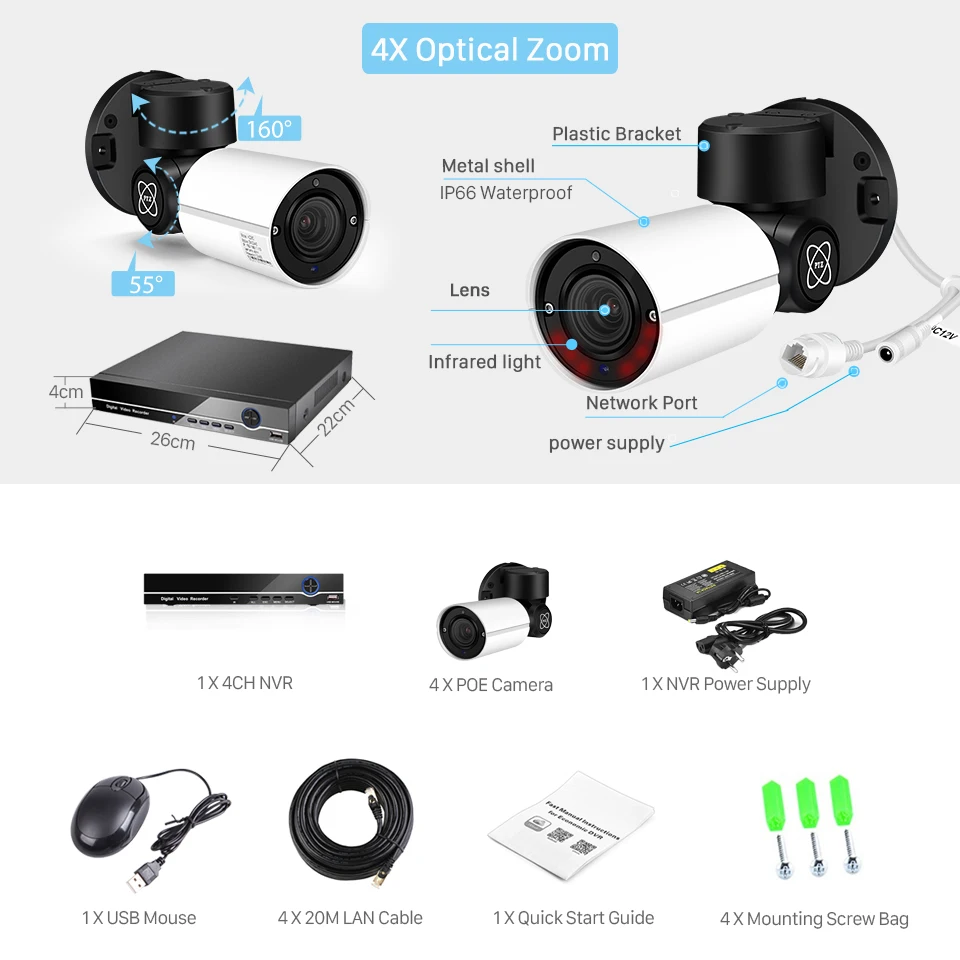 

ANBIUX 4CH H.265 PTZ 5.0MP POE 4X Zoom NVR Kit CCTV System IP Camera Outdoor Video Security Surveillance Set Outdoor Waterproof