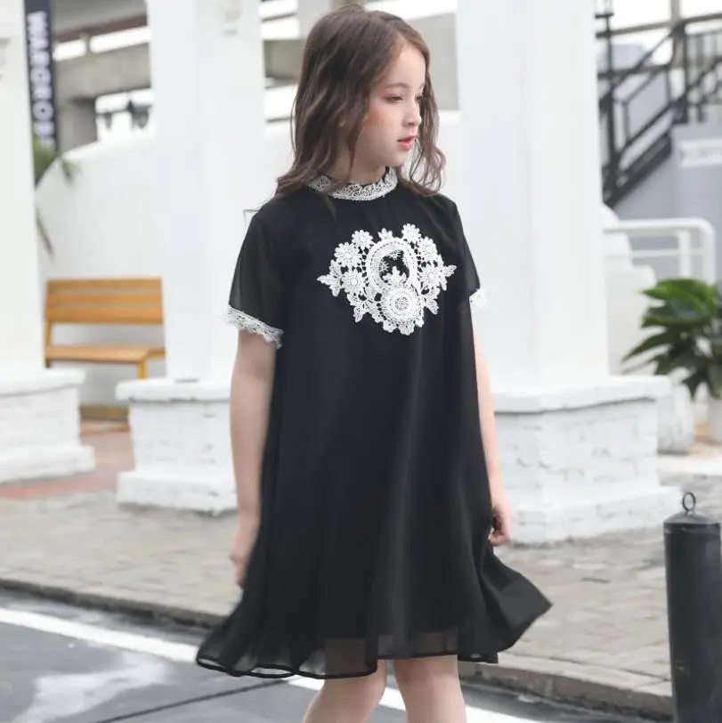 Free shipping girls embroidery dress teenage short sleeve black loose children holiday kids clothes 6-16Y ws604 | Детская одежда и