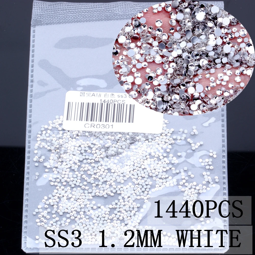 Crystal ss3 1440pcs Блестящий страз SS3-SS8 Кристалл Стразы FlatBack гвоздь горный хрусталь стекло 3D не исправление Бусы из драгоценных камней DIY украшения для ногтей - Цвет: Crystal ss3 1440pcs