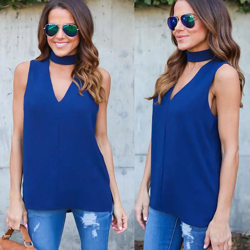 Ladies Summer Fashion Solid Casual Sleeveless Blouses Sexy Chiffon Strapp Blouse | Женская одежда