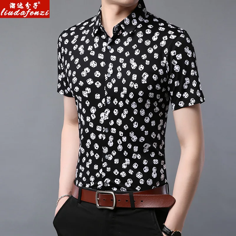 Summer Short Sleeve Shirt Mercerized Cotton Printed Dot Top for Middle-aged Men in | Мужская одежда