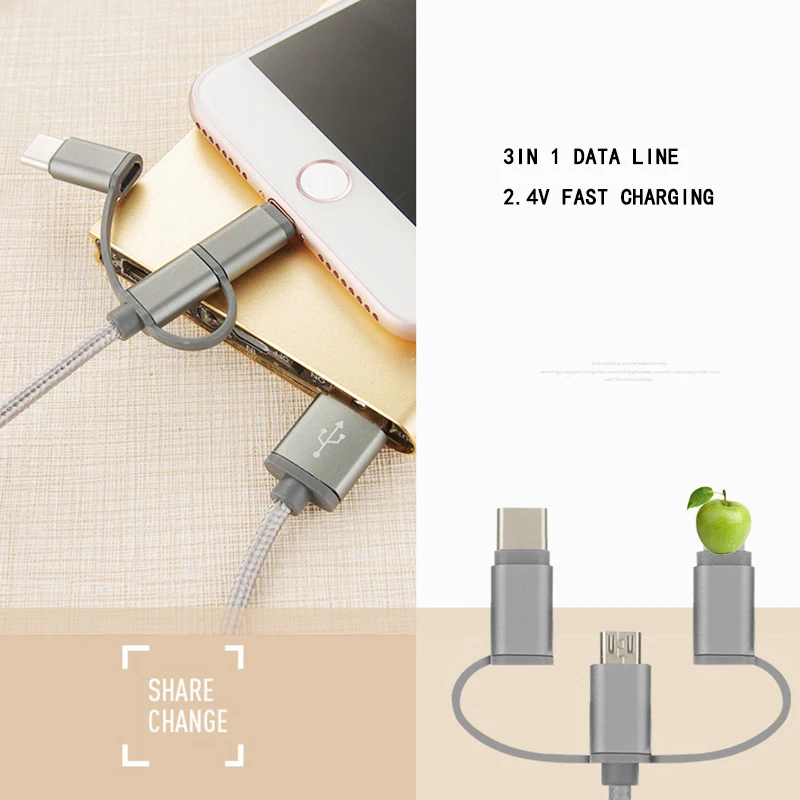 2.4A конвертер 3 в 1 USB кабель для быстрой зарядки передачи данных xiaomi huawei iPhone