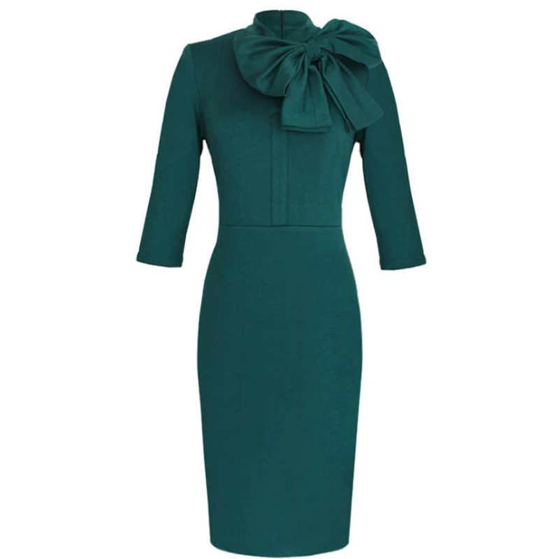 

Plus Size Womens Elegant Dress Vintage Pinup Retro Rockabilly 3/4 Sleeve Bow Party Work Sheath Bodycon Wiggle Pencil Dress