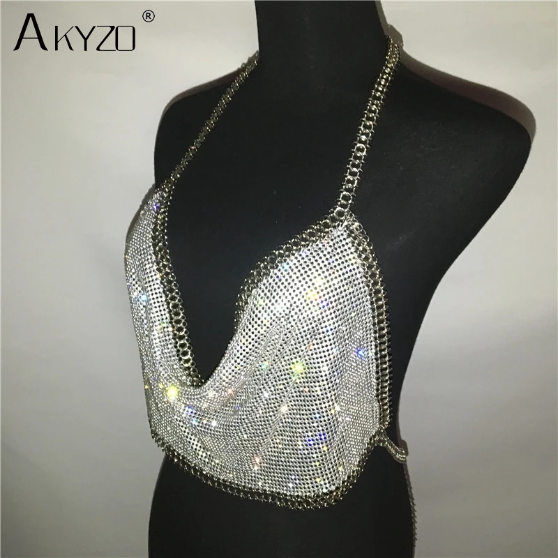 AKYZO, женские, с открытой спиной, Роскошные, стразы, Топики, короткий топ, модные, массивные, с металлической цепочкой, с бриллиантами, с глубоким вырезом, с лямкой на шее, топы
