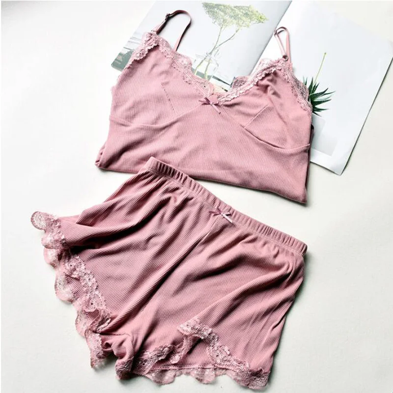 Для женщин пижамы Установить Sexy Pijamas хлопок комплект из двух предметов женские