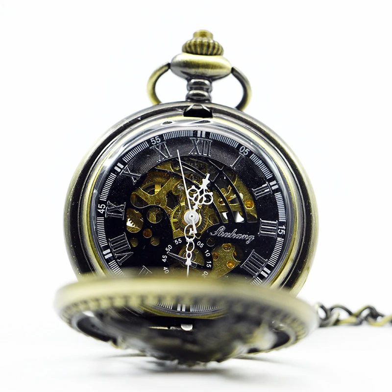Fashionable Luxury Racehorse Hollow Relief Mechanical Pocket Watch Retro Steampunk Fob Chain Manual Winding Digital Clock Gift
