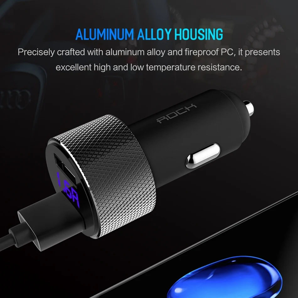 ROCK универсальное металлическое автомобильное зарядное устройство с двумя usb-портами и цифровым дисплеем для iPhone X 8 XS Xiaomi samsung Mini 5V 3.4A Автомобильная Быстрая зарядка