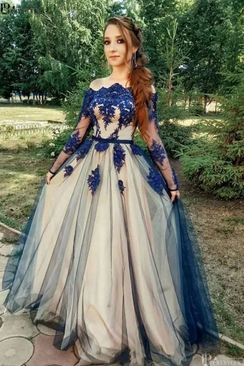 color as picture Трапециевидной формы одежда с длинным рукавом голубое кружевное платье для выпускного вечера платья с открытыми плечами Вечерние платья на выпускной, вечер встречи выпускников размера плюс, платье на выпускной - Цвет: color as picture