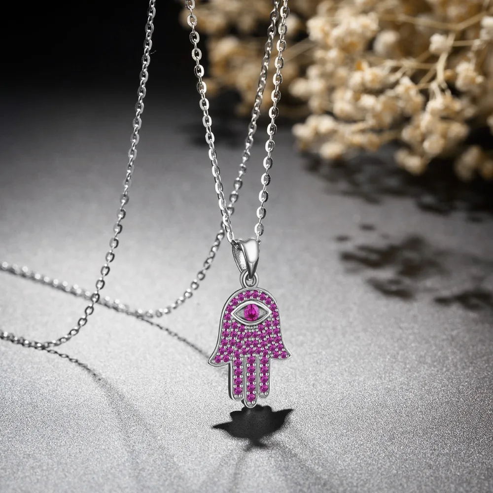 EUDORA 925 Sterling Silver Hamsa Hand Pendant Necklace Good Luck Purple CZ Charm Fine Jewelry Girl Birthday Surprise Gift D389 | Украшения