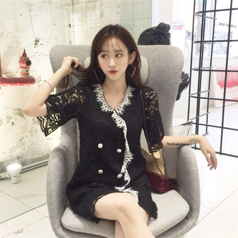 black lace mini dress Women's Clothing loose summer v-neck Female fashion perspective short dresses Vintage vetement femme new | Женская