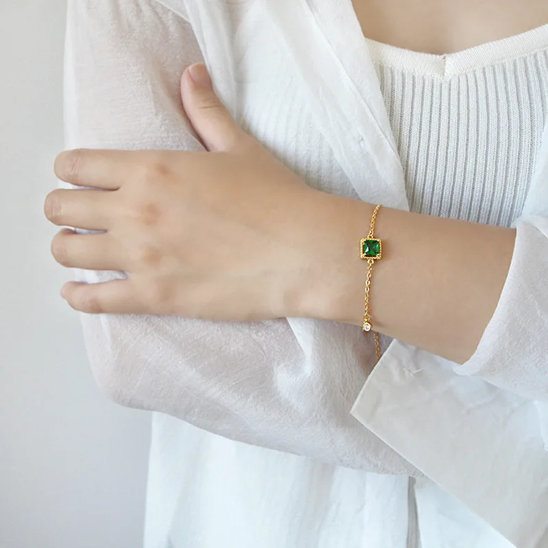 

100% 925 sterling silver bracelets for women accessories, elegant square green crystal bracelet bangle gold color chain jewelry