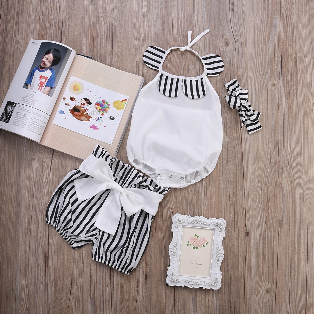 3pcs New Kids Baby Girl clothes strap sleeveless striped Romper+Striped Shorts+headband Outfits Set | Мать и ребенок