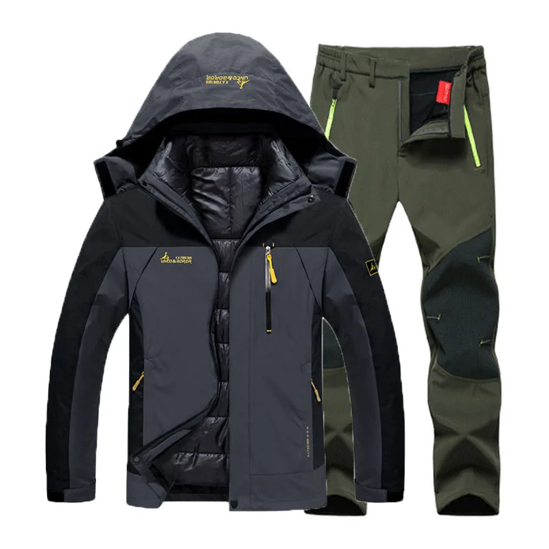 Gray Army Green set 6XL костюм размера плюс для походов, Походов, Кемпинга, катания на лыжах, альпинизма 3 в 1, уличные куртки, набор для мужчин, зимние водонепроницаемые рыболовные термо брюки - Цвет: Gray Army Green set