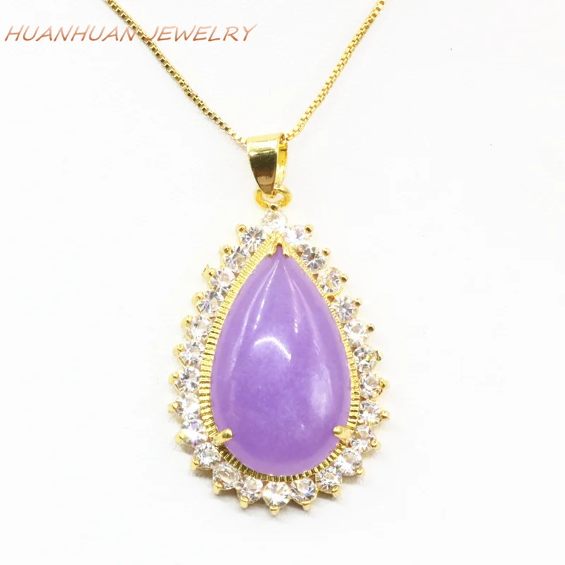 

25x39mm Purple Drop Stone Pendant For Women Crystal Natural Jades Chalcedony Chain Pendants Stainless Steel Chain Jewelry B3320