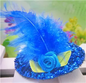 blue New Fashion Party Cap Hairpins Festival Hat Ribbon Flower Cute With Fur Barretes Children Hair Accessories Hair Clip for Girls - Цвет: blue