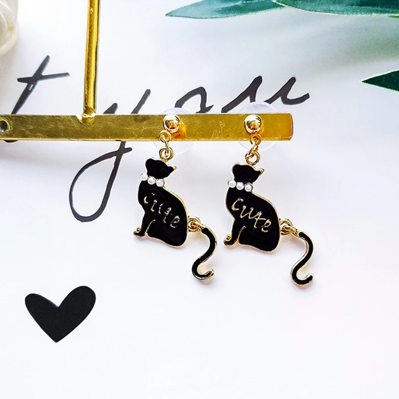 JZTOP Lady Classic Black White Cat Stud Earrings Cute Imitation Pearl Asymmetric Animal Earring For Woman Oorbellen Girl Jewelry | Украшения