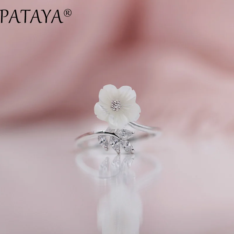 PATAYA Merry Christmas подарок на год модные золотые украшения Настоящее Белое золото ракушка Цветы Природный Цирконий вверх Открытые Кольца для женщин - Цвет основного камня: white gold