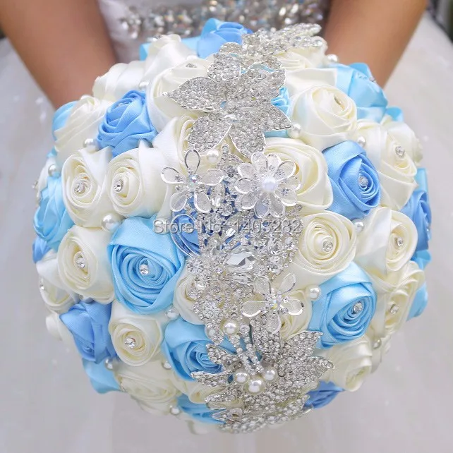 Royal Blue Crystal Satin Artificial Wedding Bouquet by Modabelle – Handmade Roses for Bridal Bouquets image 5