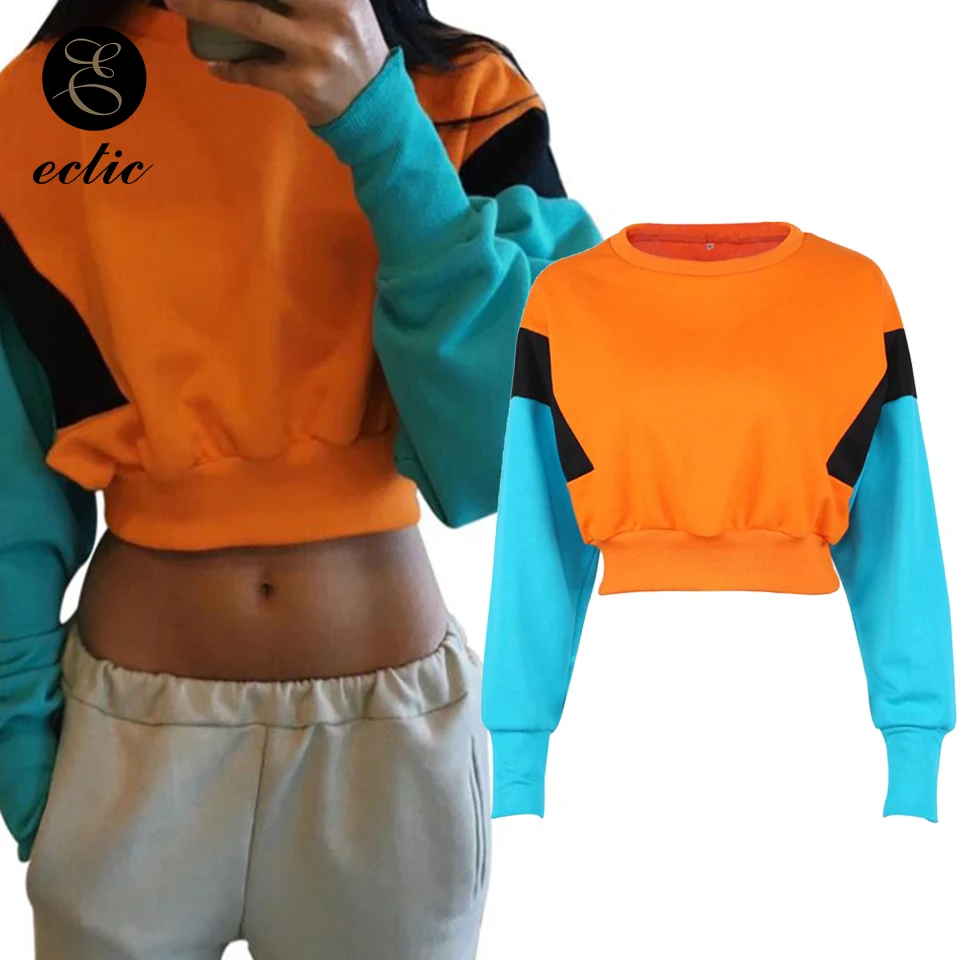 Farbe Block Hoodie Crop Top Sweatshirt Orange Poleron Mujer 2021 Patchwork Kleidung Harajuku Streetwear Hoodie Frauen Langarm