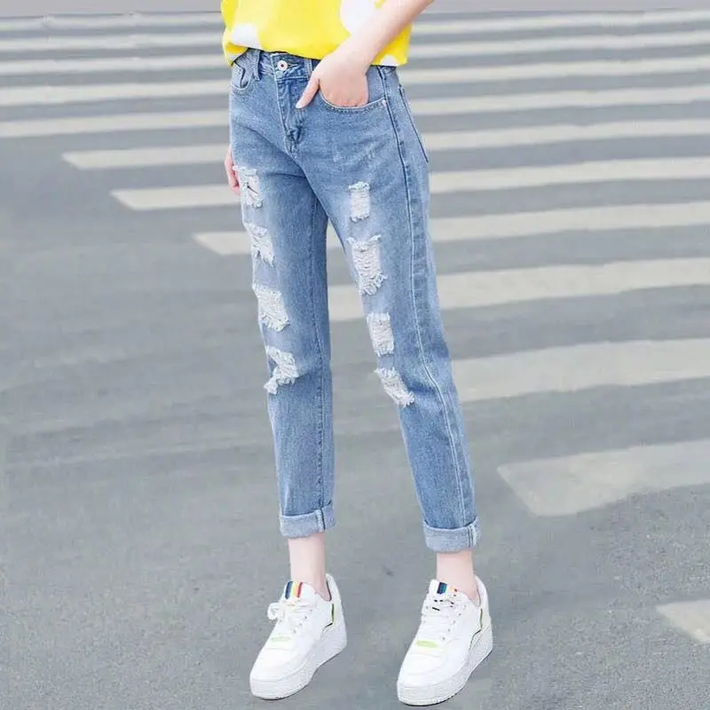 Синие рваные Выбеленные джинсовые джинсы женские повседневные кнопки летают
