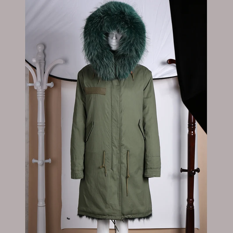 

Real fur long style fox fur lining dark green winter coat for women