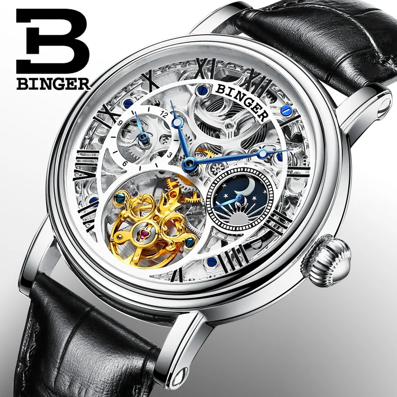 Люксовый бренд Switzerland BINGER мужские часы Tourbillon водонепроницаемые механические