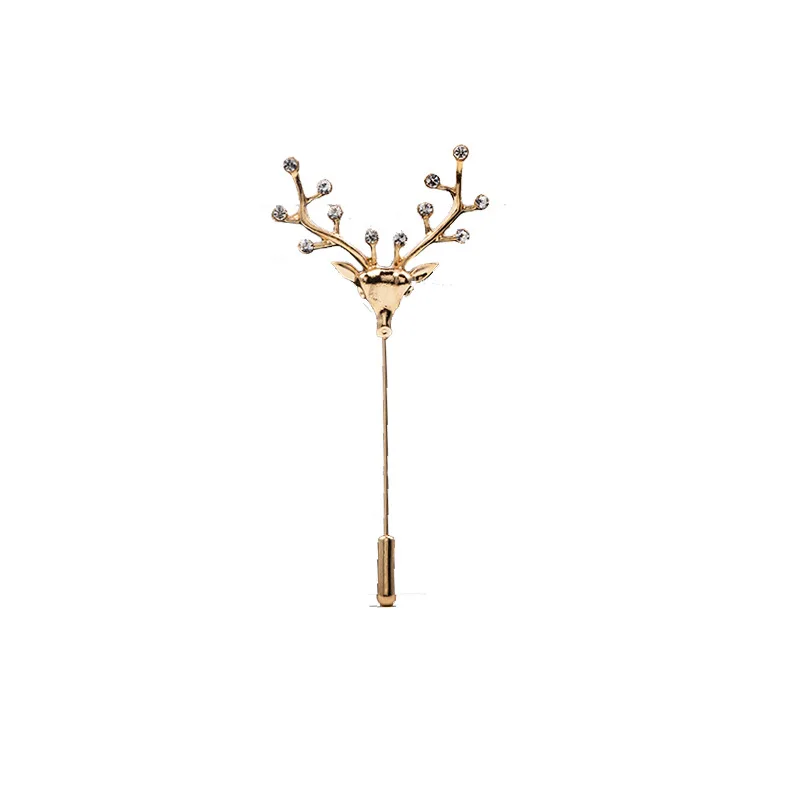 High-end Metal Deer Head Brooch Lapel Pin Men's Suit Collar Scraf Buckle Cute Elk Long Needle Pins Jewelry for Men Accessories