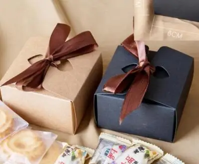 

20pcs 8x8x5cm Kraft black gift packaging box kraft carton paper gift paper box with ribbon Gift carton cardboard paper box